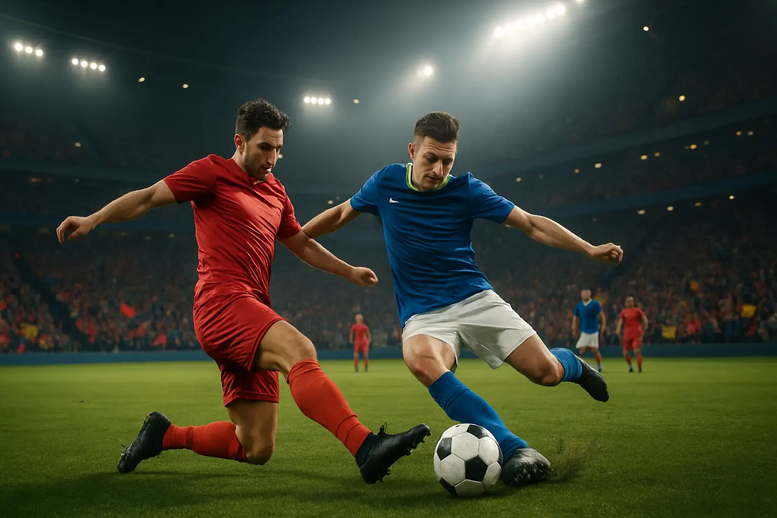 Soccer players from two national teams competing in a World Cup knockout match inside a packed stadium