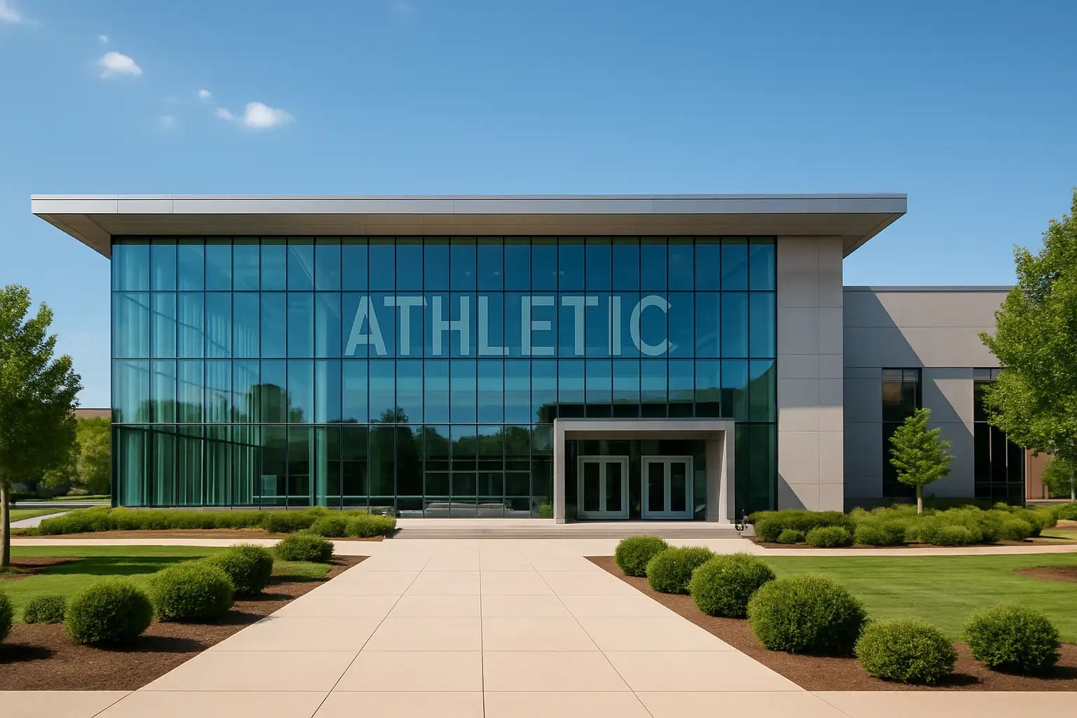 Exterior view of a modern university football performance center building at sunset