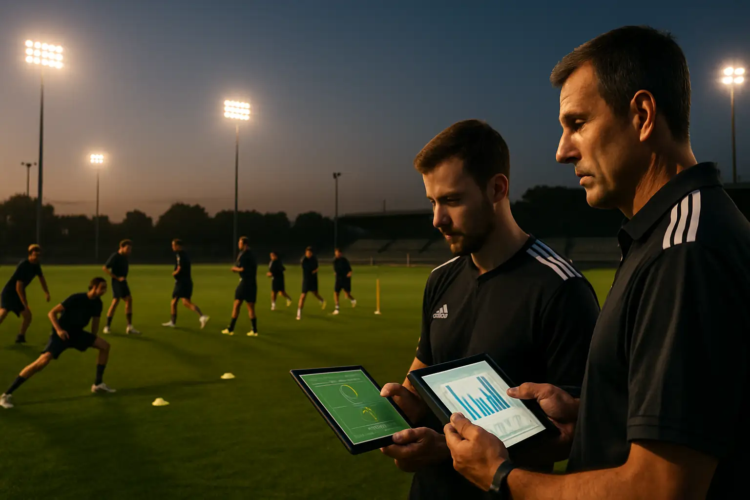 Soccer players training on a professional pitch with coaching staff monitoring performance data on tablets