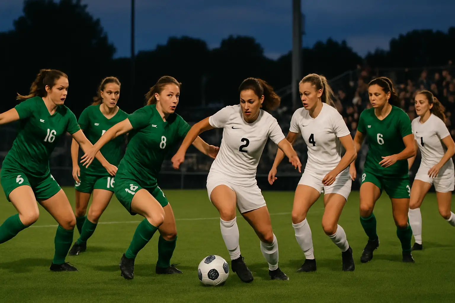Soccer players competing in a women's playoff match on a green field at dusk