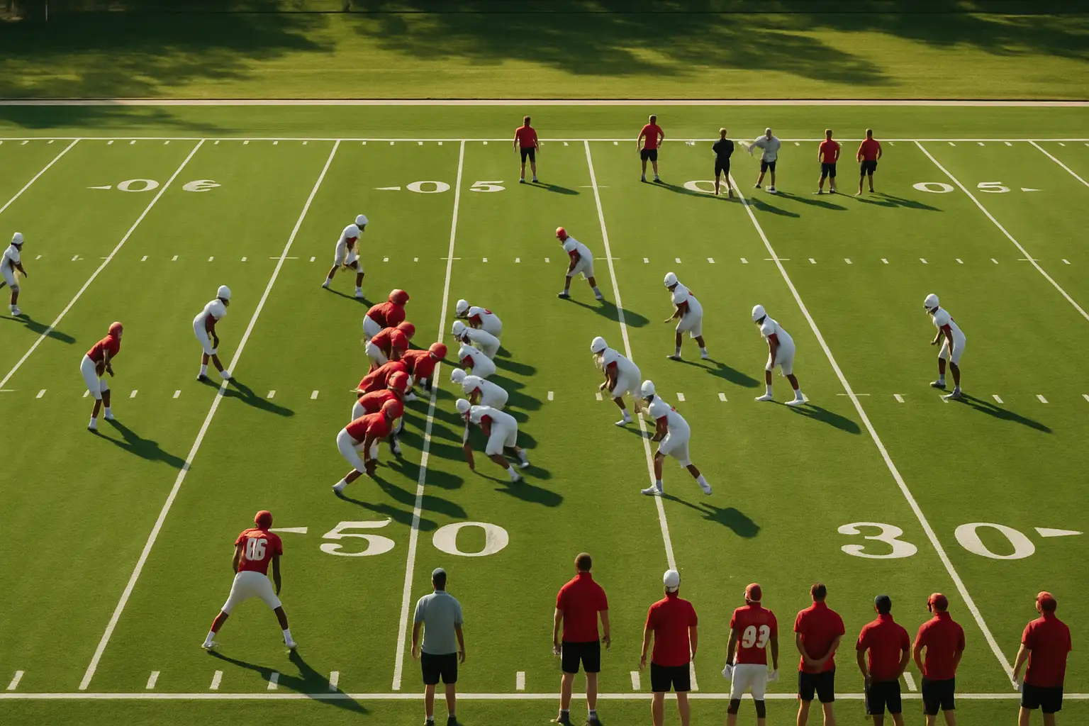 Utah Utes football players running drills during a weekday practice session