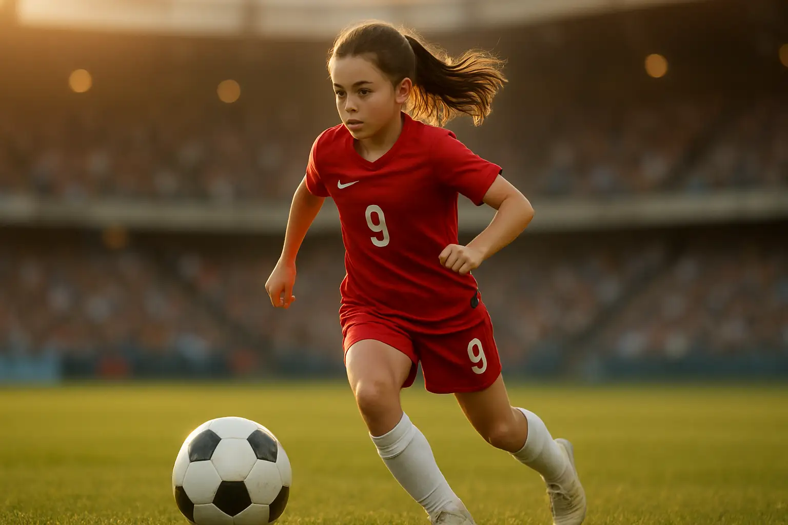 Young female soccer player in action on a bright green pitch during an international youth tournament