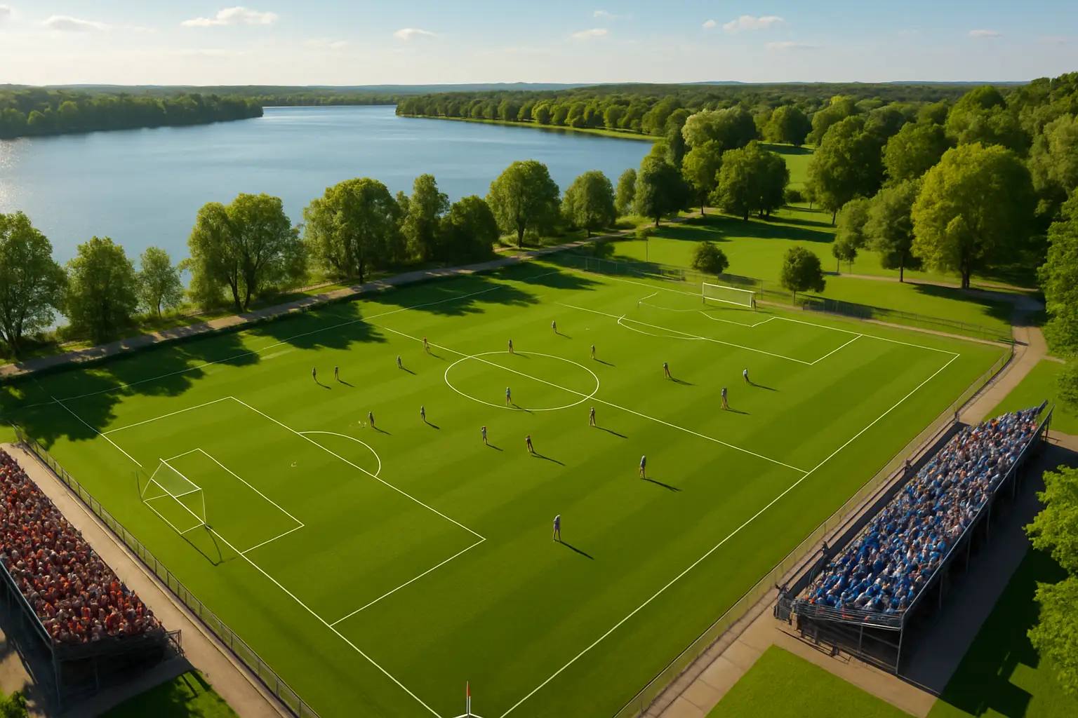 Football players competing on a well-maintained grass pitch at a lakeside sports park during a cup final