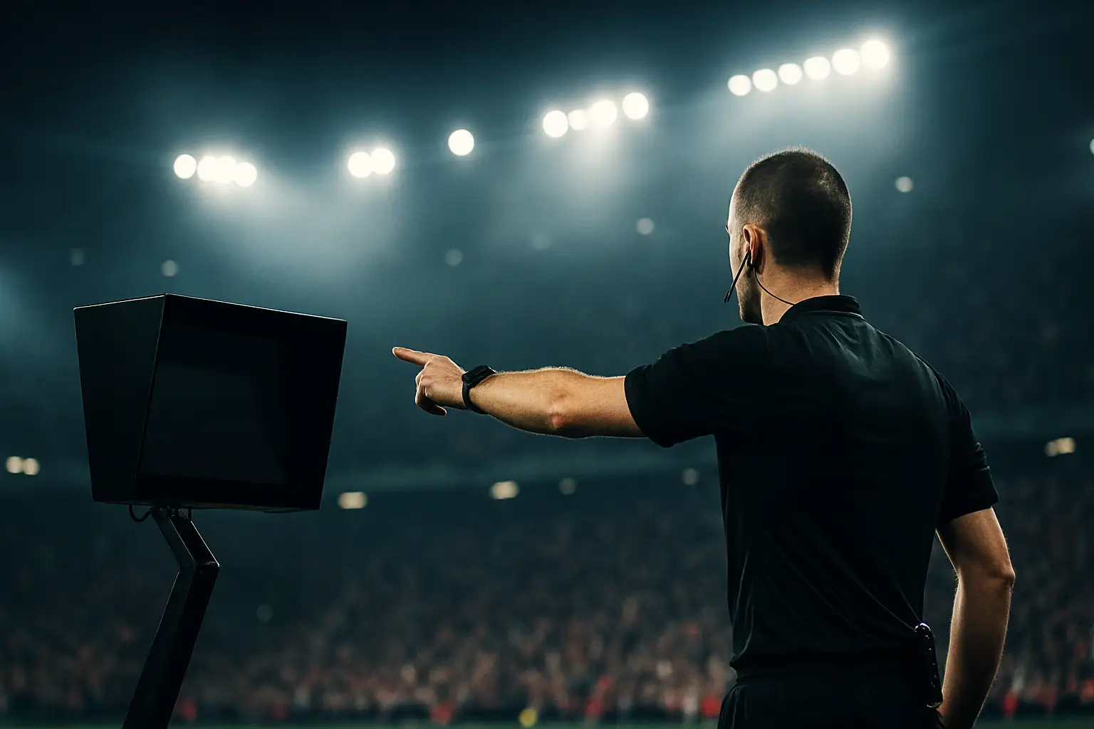 A football referee pointing to the VAR screen during a match while frustrated fans watch in the background