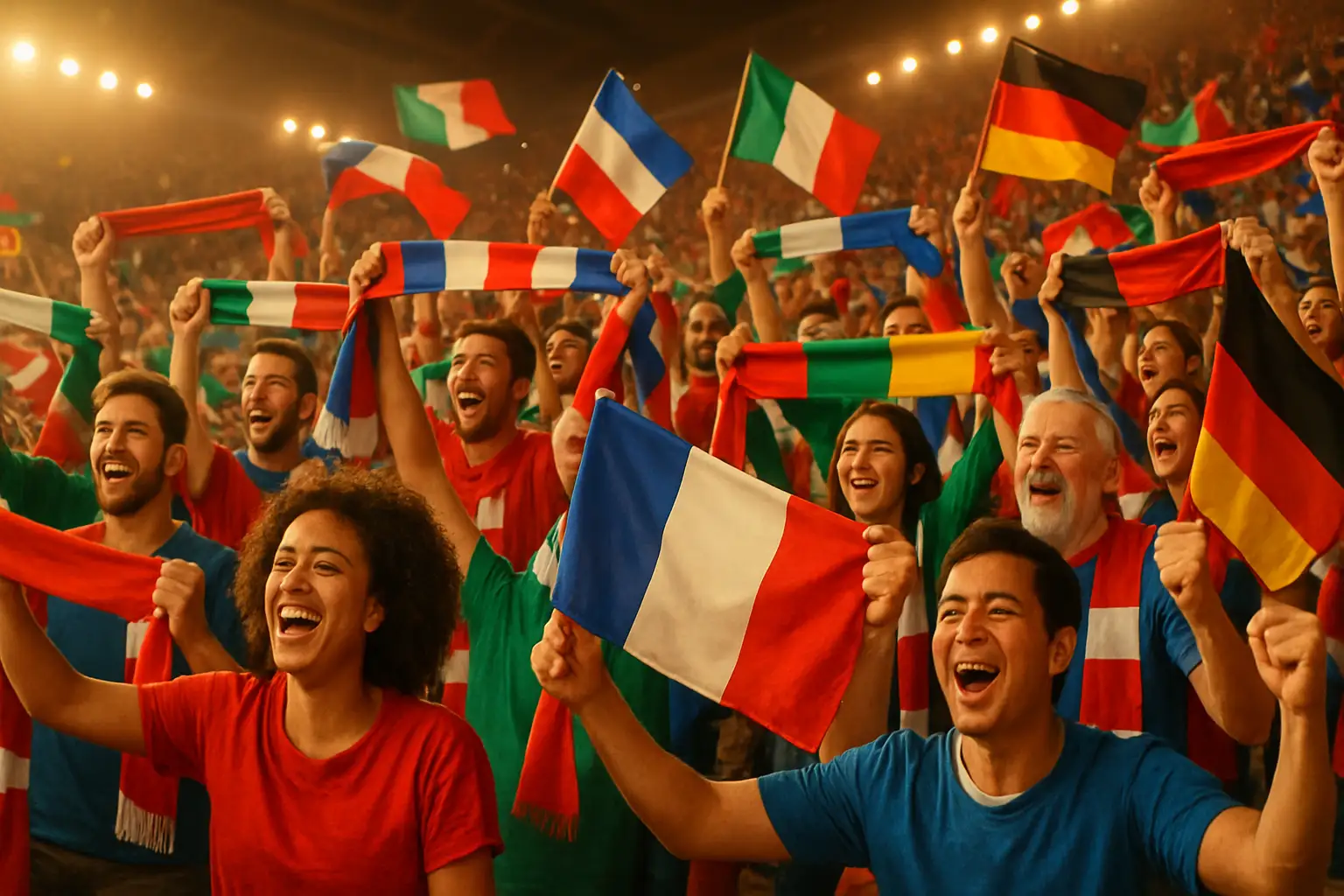 Venezuelan football fans celebrating together with supporters from other nations in a stadium