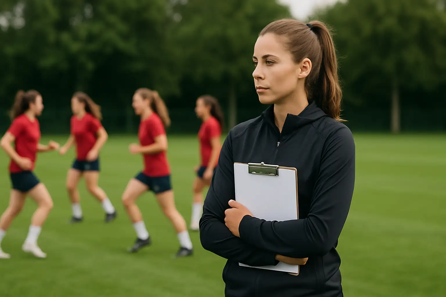 A women's football coach reviewing tactical notes on a clipboard at a training session