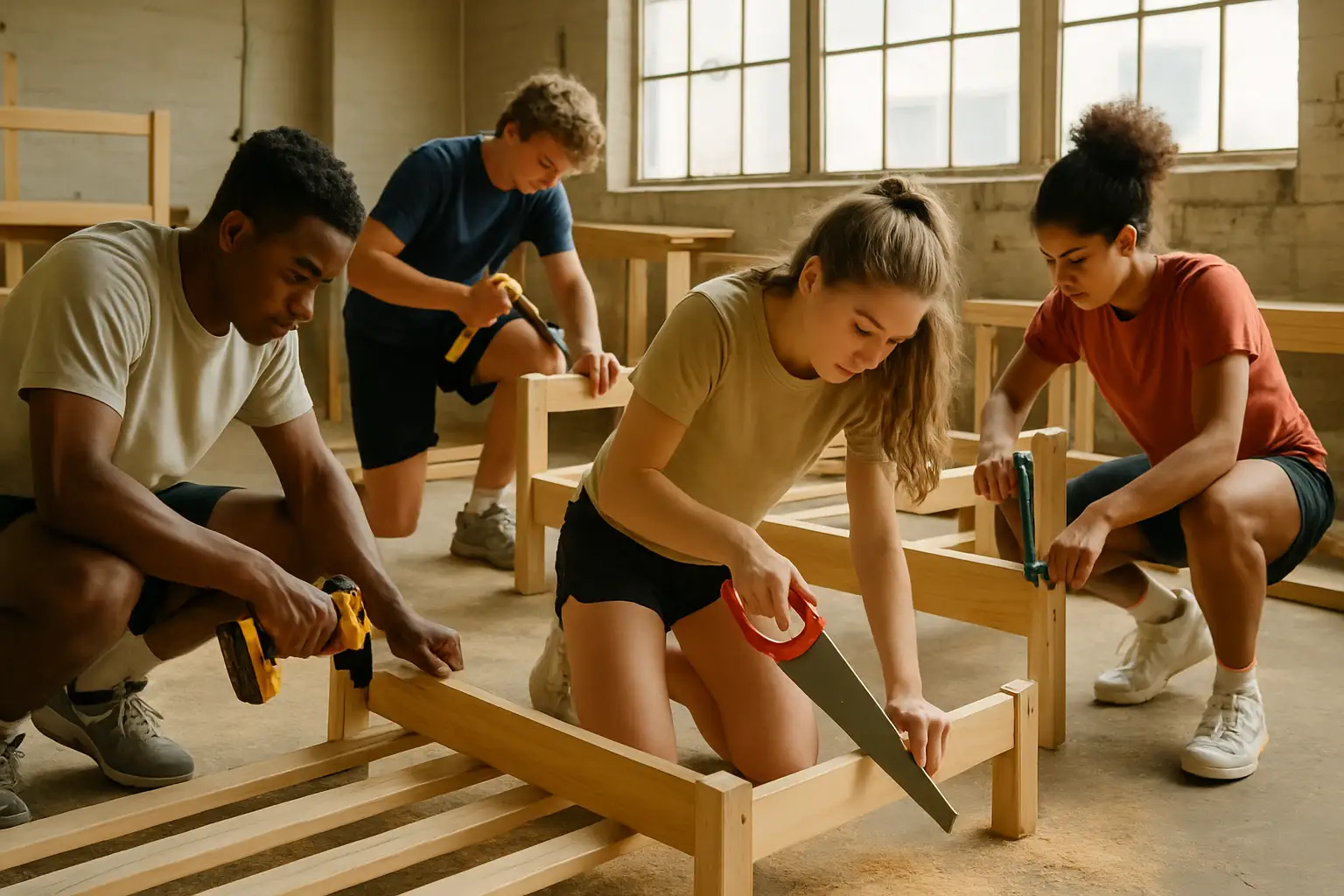 College football players assembling wooden bed frames in a community workshop setting