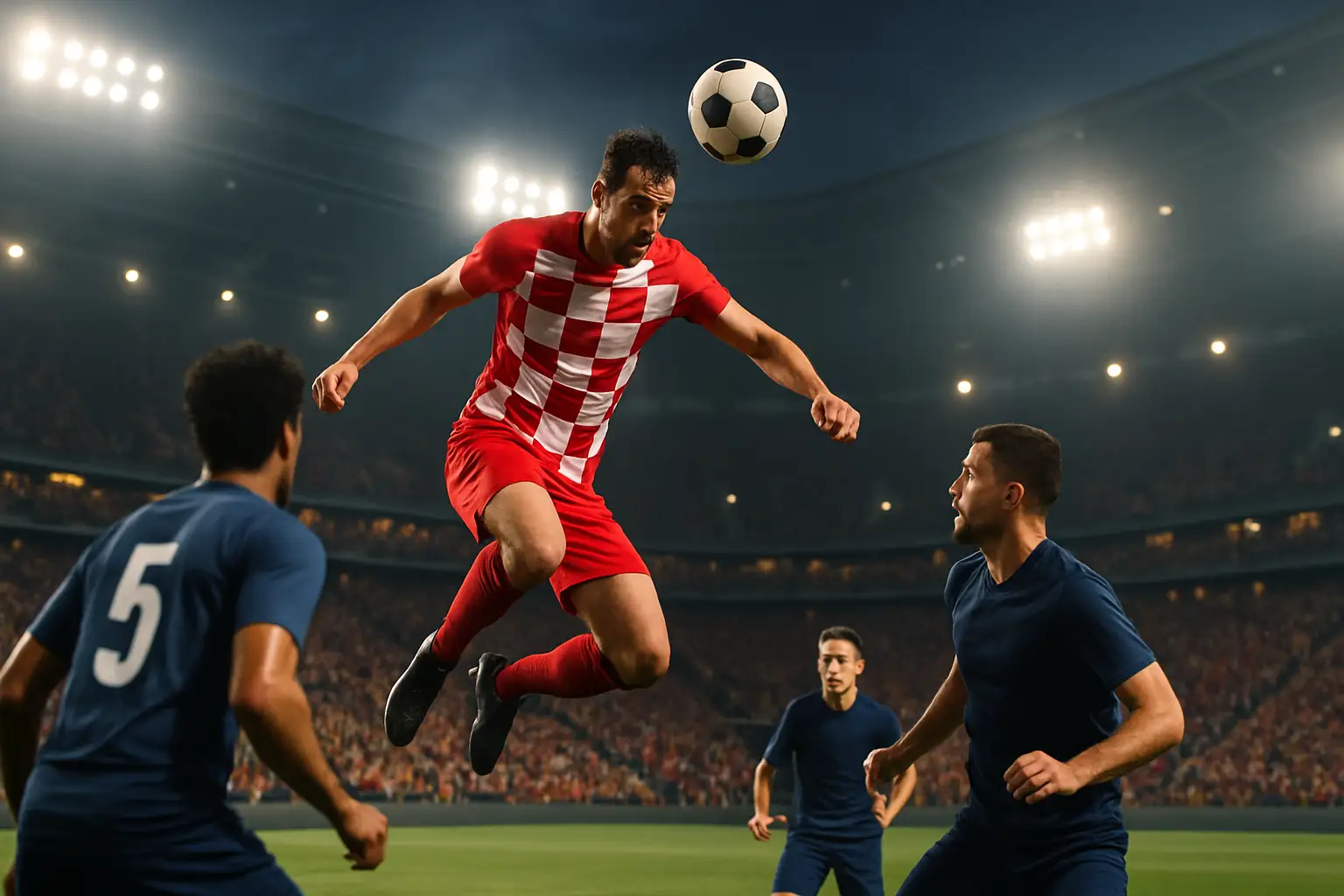 A footballer leaping to head the ball into the net in a packed international stadium