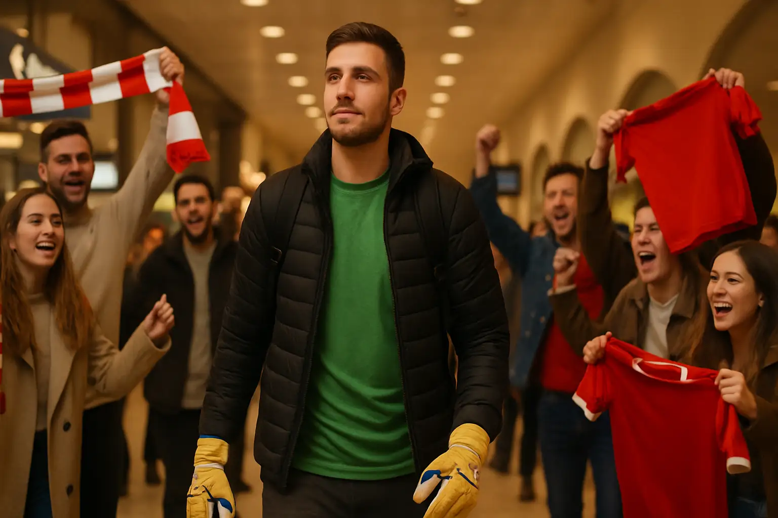 Football goalkeeper celebrated by fans at an airport arrivals hall