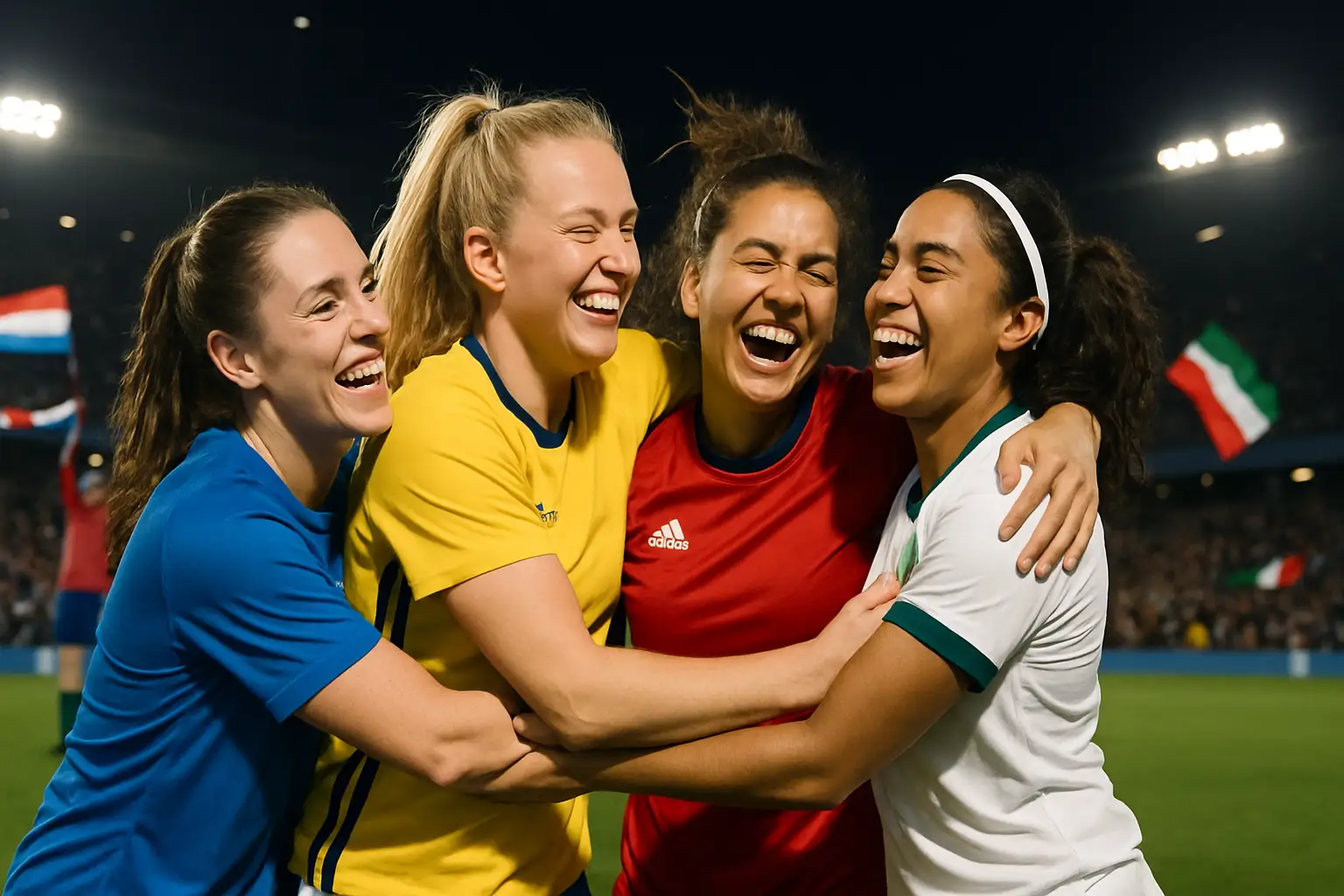 African women's football players celebrating a historic World Cup qualification on the pitch