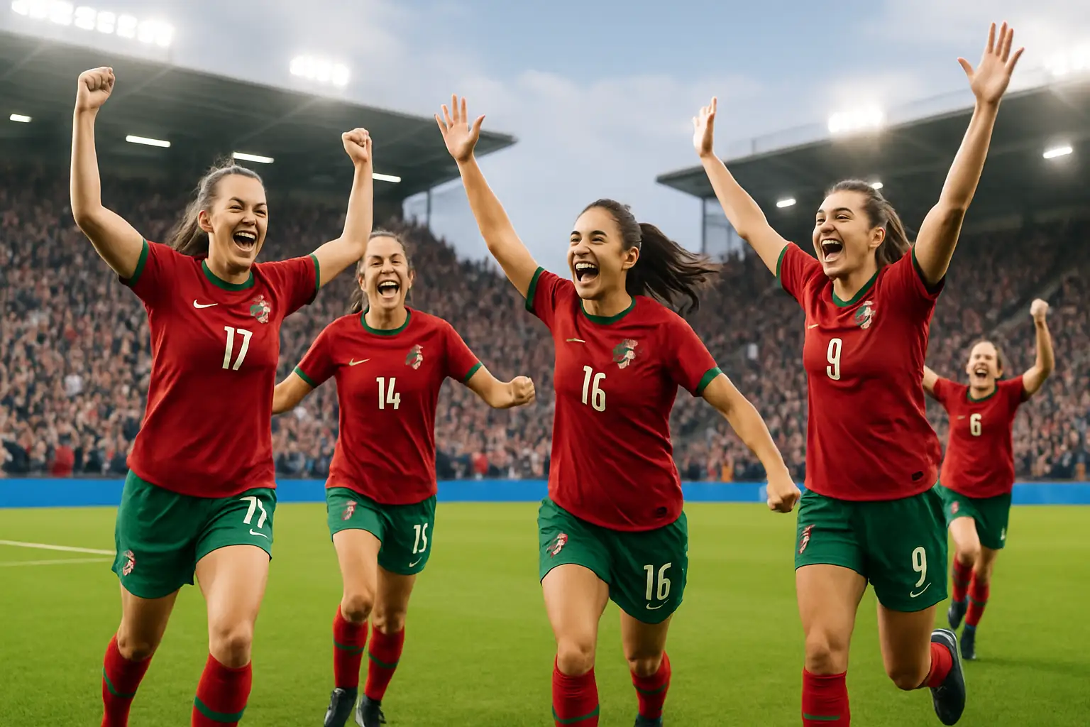 Morocco women's football team celebrating on a sun-lit pitch during a cup tournament