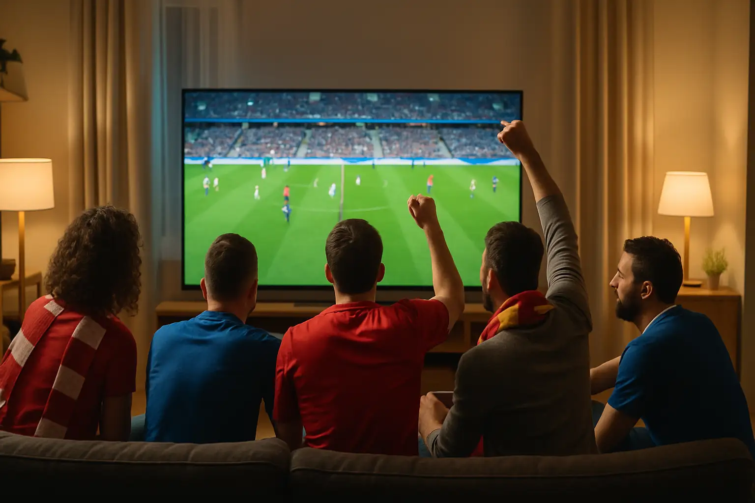 Football fans watching an international match on a streaming device
