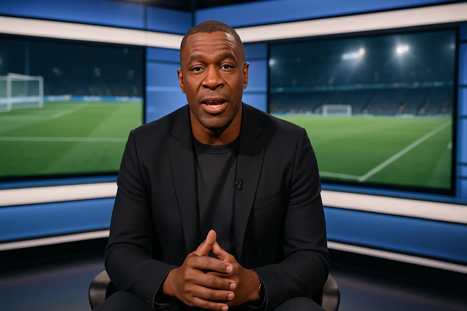 A football pundit speaking directly to camera in a bright TV studio during a major tournament broadcast