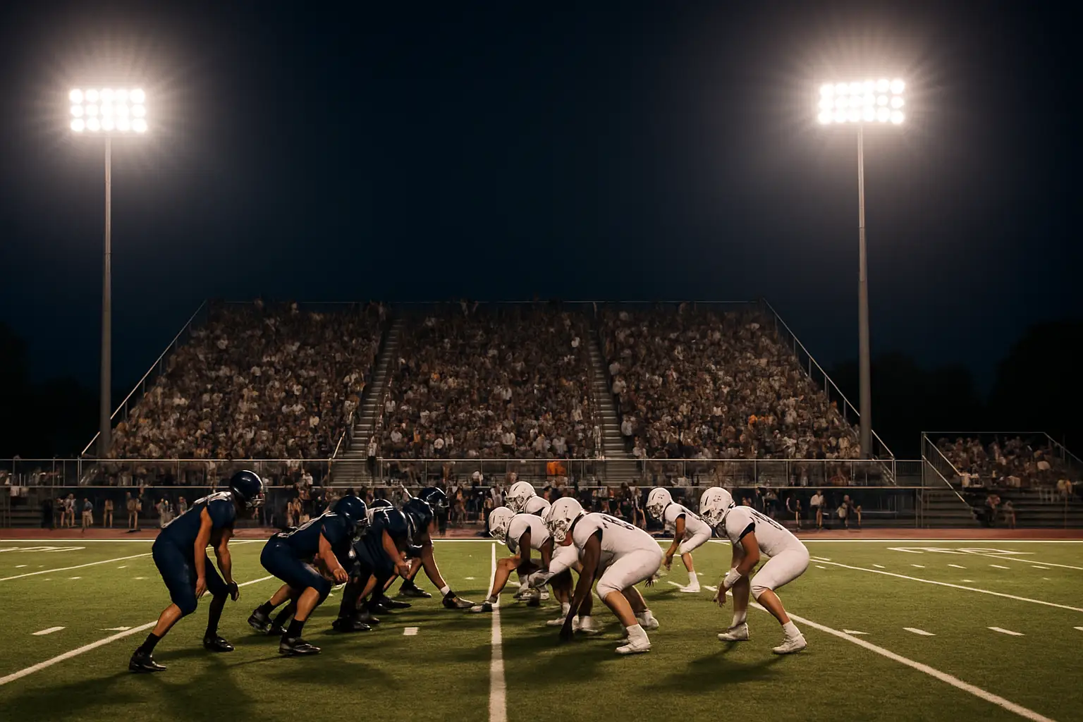 A local high school football game under bright Friday night stadium lights