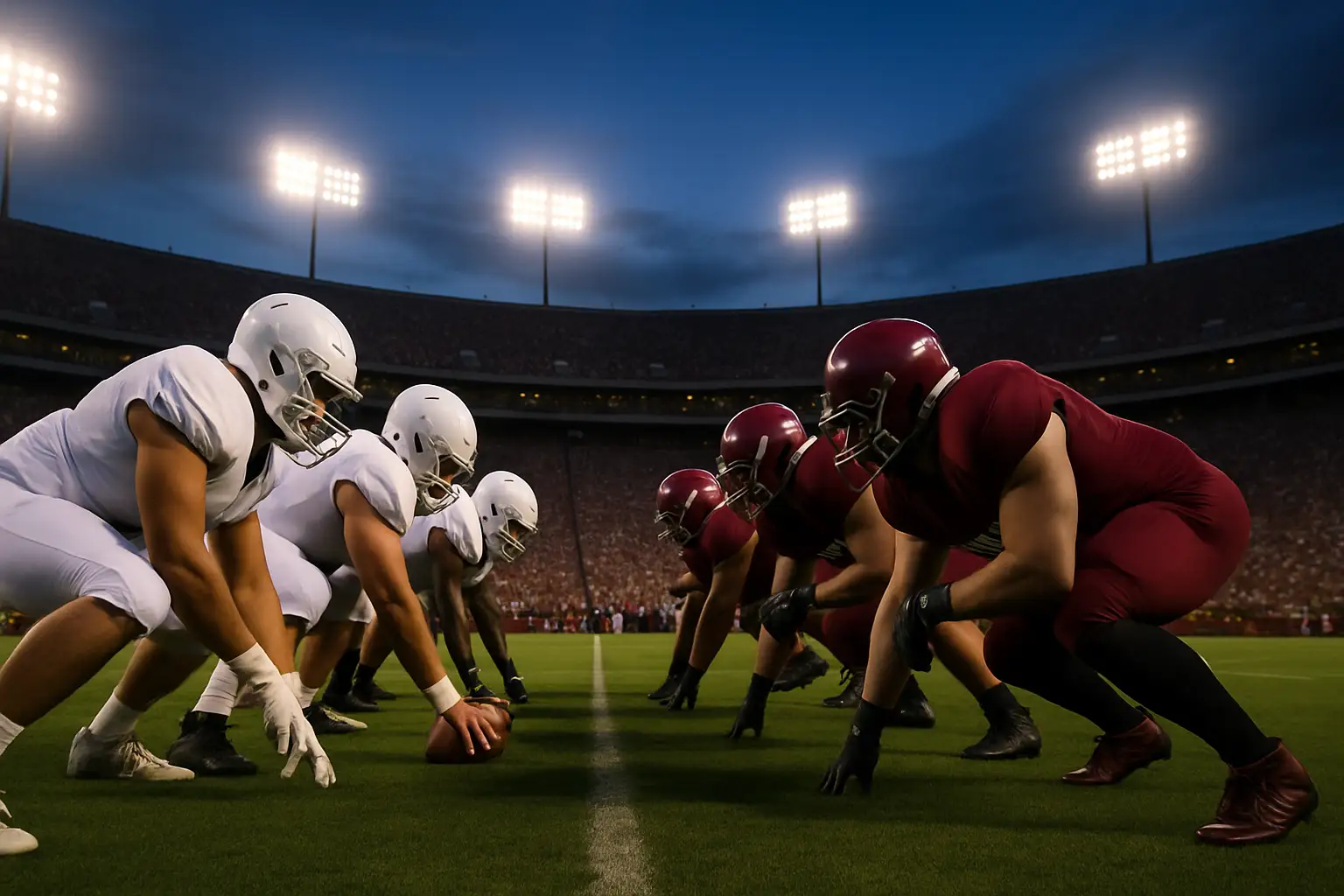 College football players lined up at scrimmage before kickoff under stadium lights