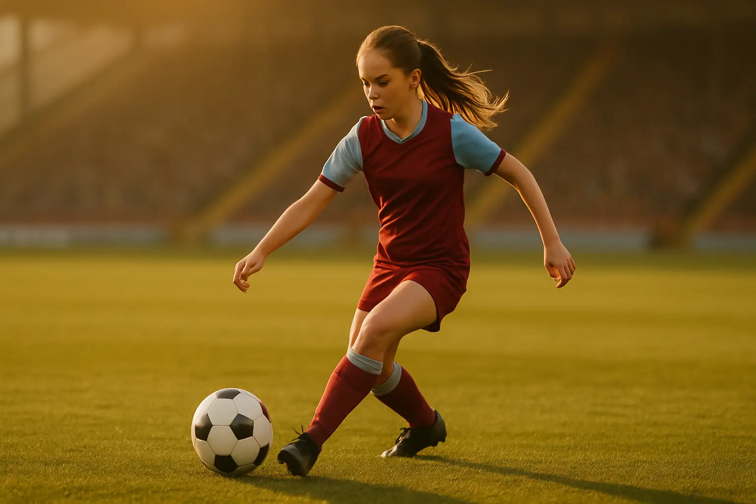 A female footballer in a claret and blue kit controlling a ball on a WSL pitch