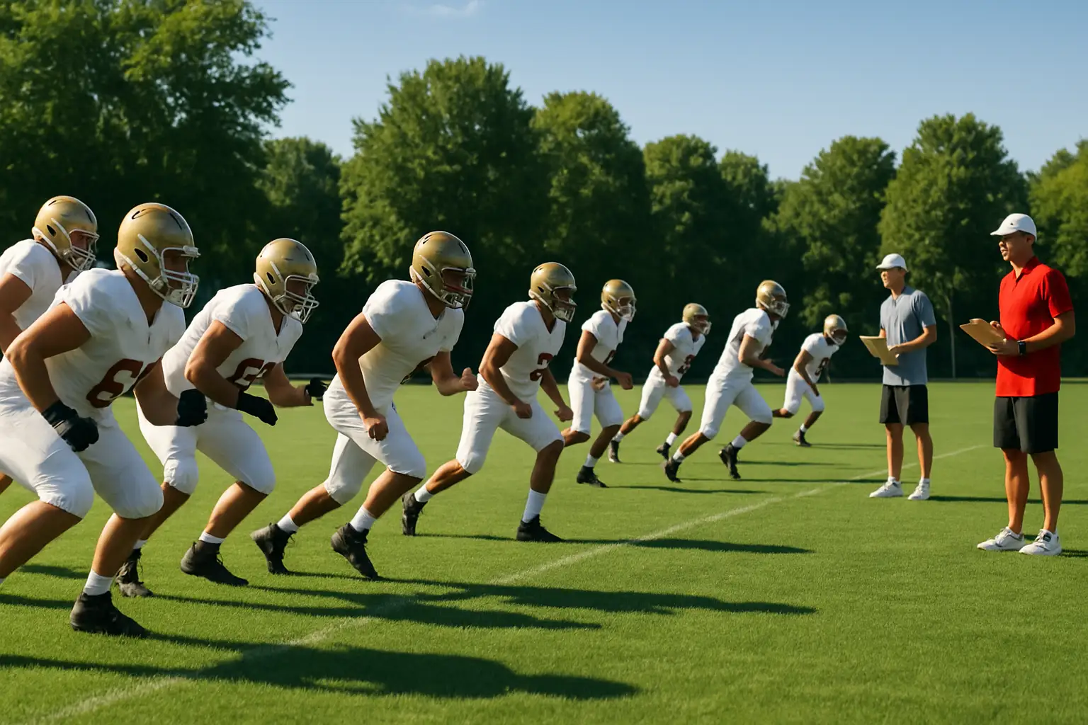 College football players in helmets and pads running drills on a practice field during preseason camp