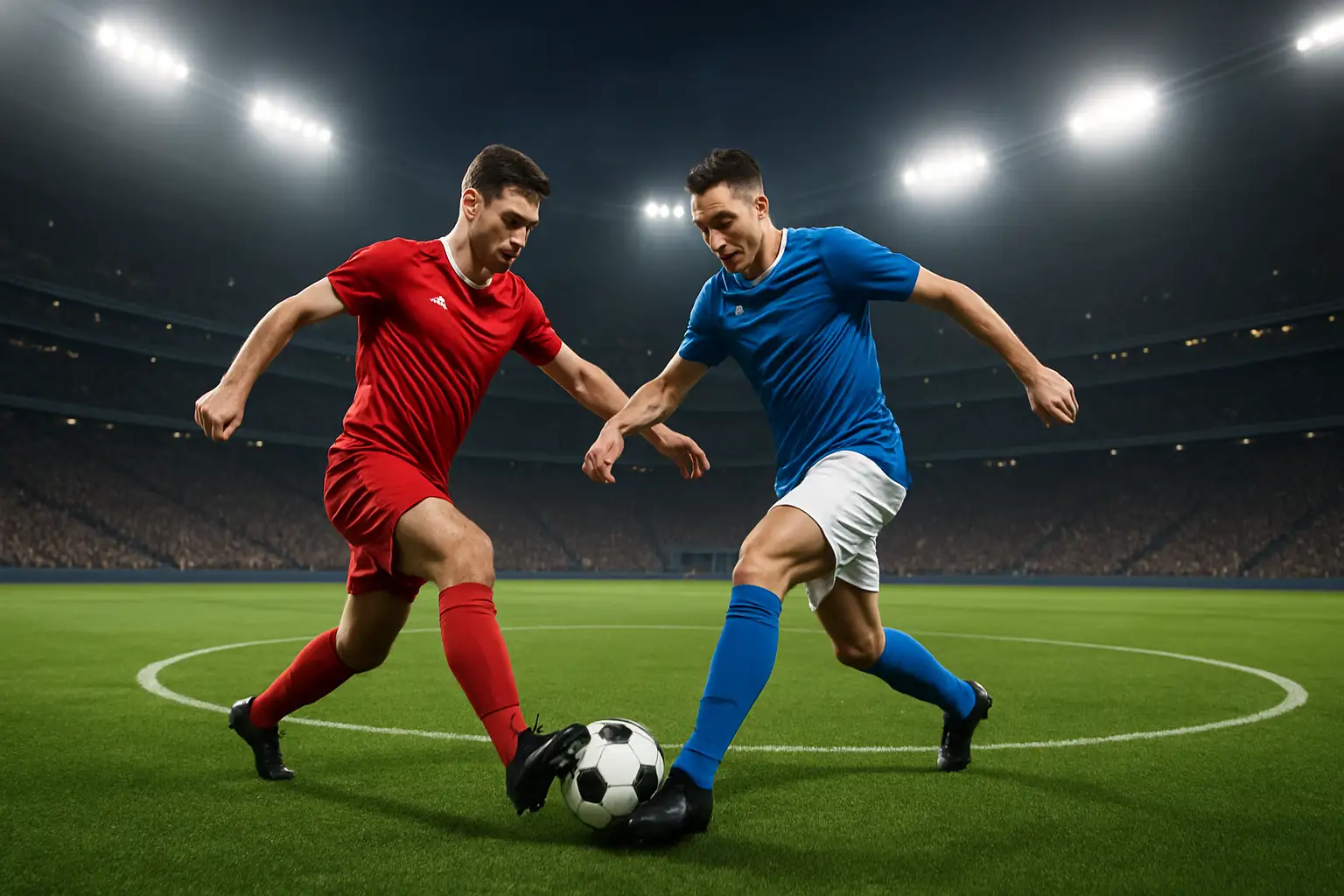Two football players competing for the ball under floodlights in a packed stadium