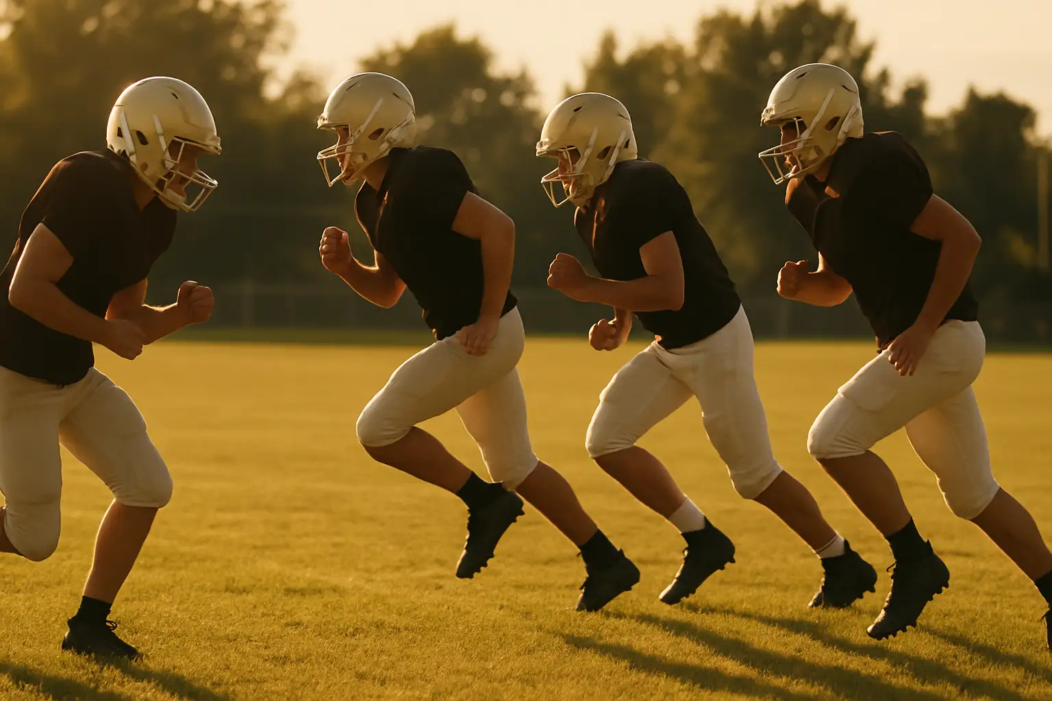 Young football players in blue and white uniforms practicing on a green field at dusk