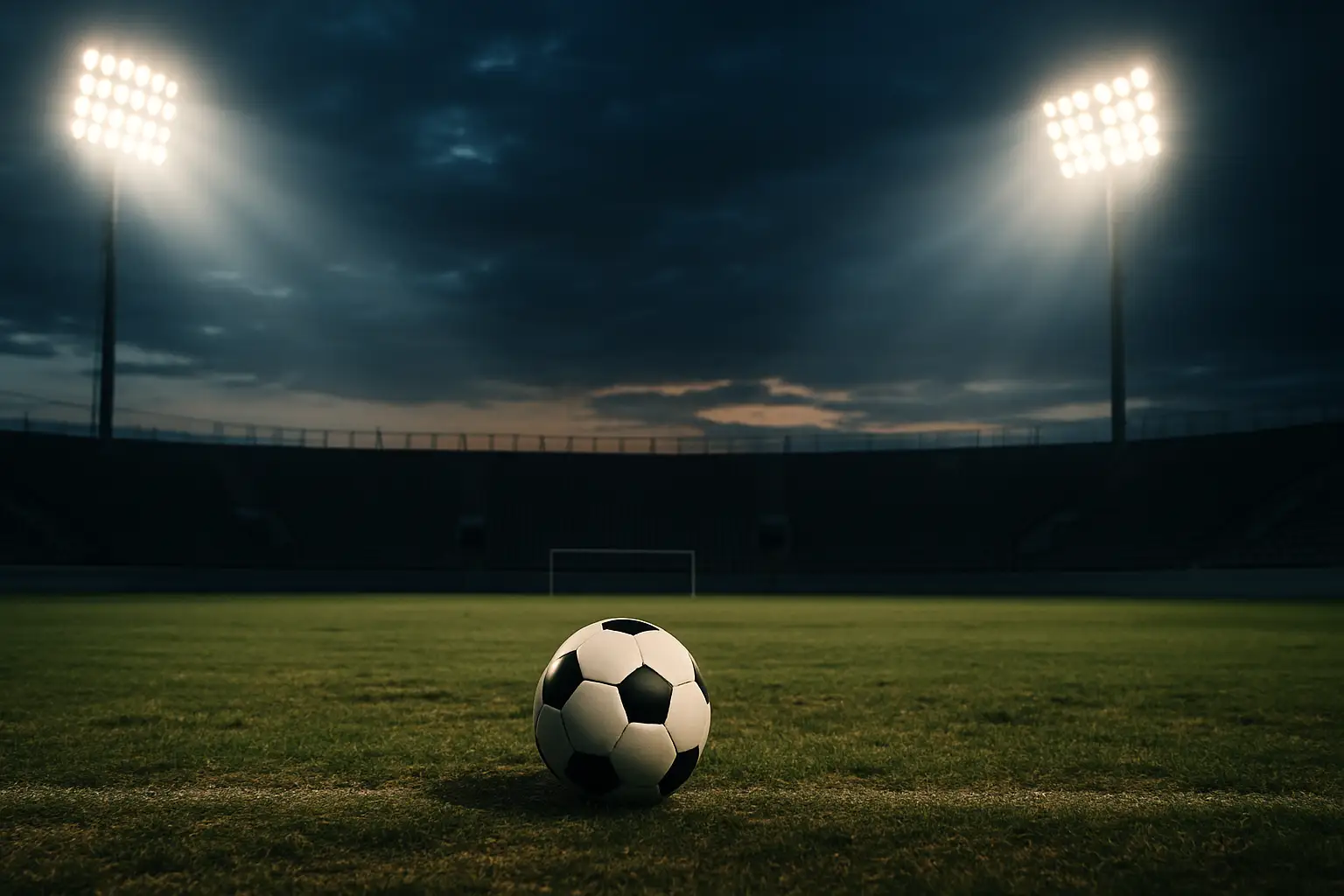 A soccer ball on a field with stadium lights in the background at dusk