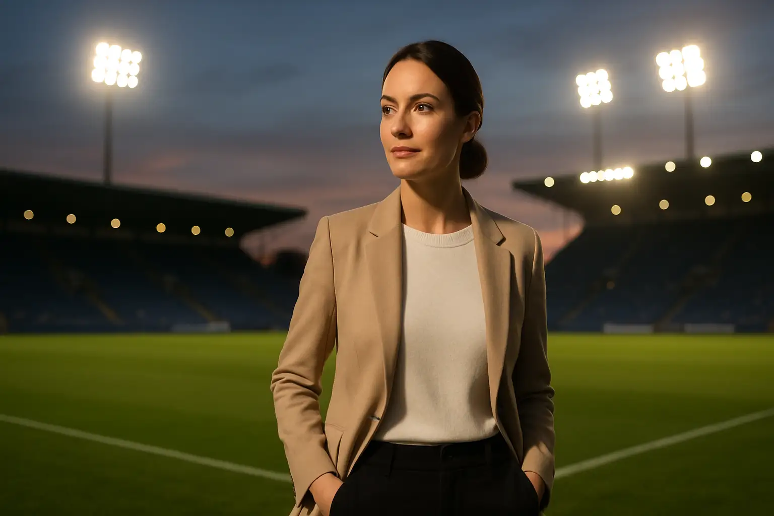 A woman standing near a football pitch looking toward the field, representing a football-connected public figure