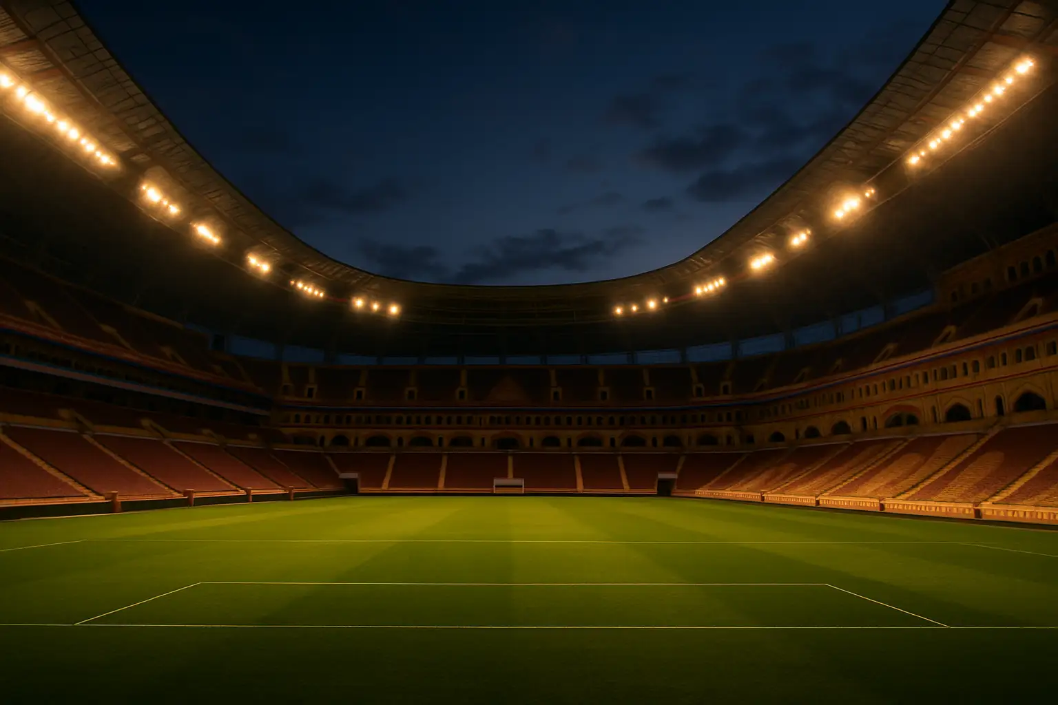 A football stadium in Turkey at dusk with floodlights illuminating the pitch