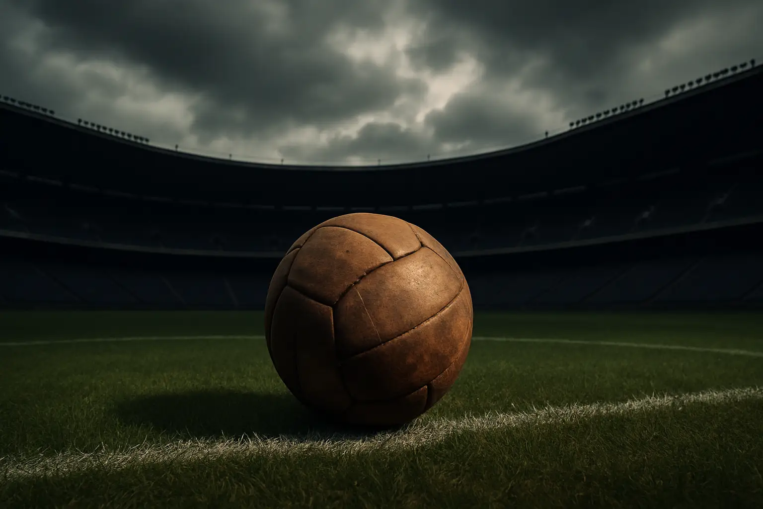 A football resting on a green pitch in an empty stadium under grey skies