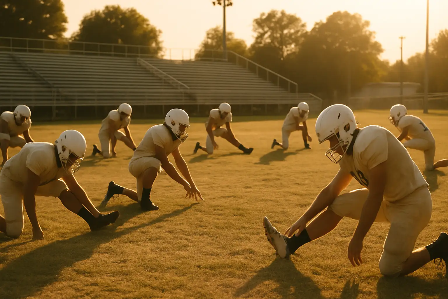 Football players in blue and white uniforms warming up on a small-town Texas field at dusk
