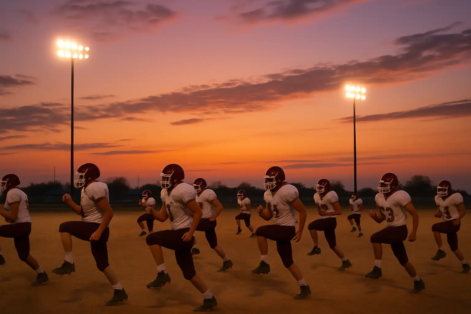High school football players in blue and gold uniforms warming up on a West Texas field at dusk