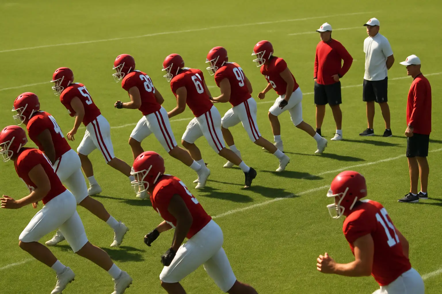 Wisconsin Badgers football players running drills during fall camp practice