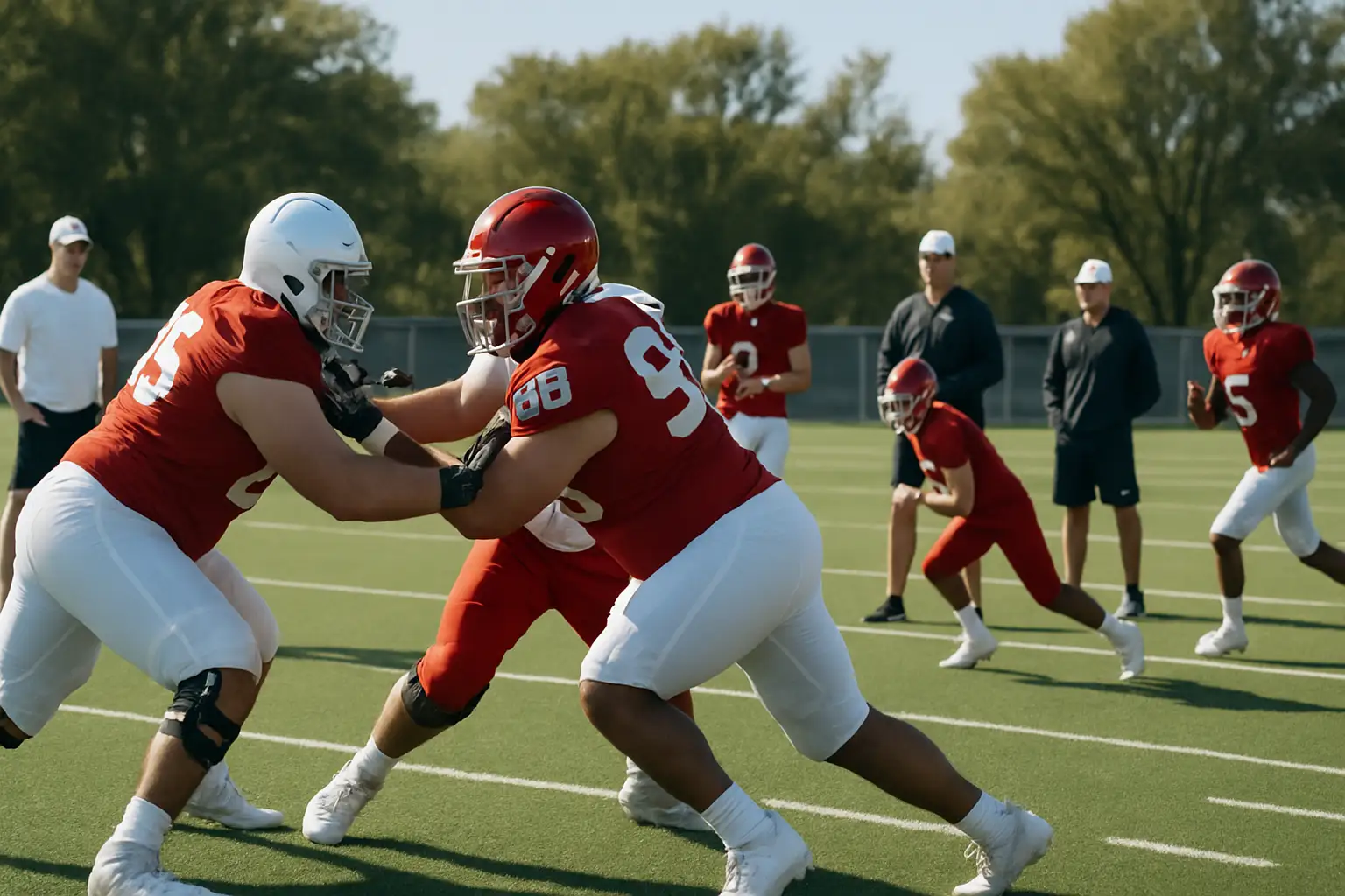 Wisconsin Badgers football players running drills during a fall camp practice session