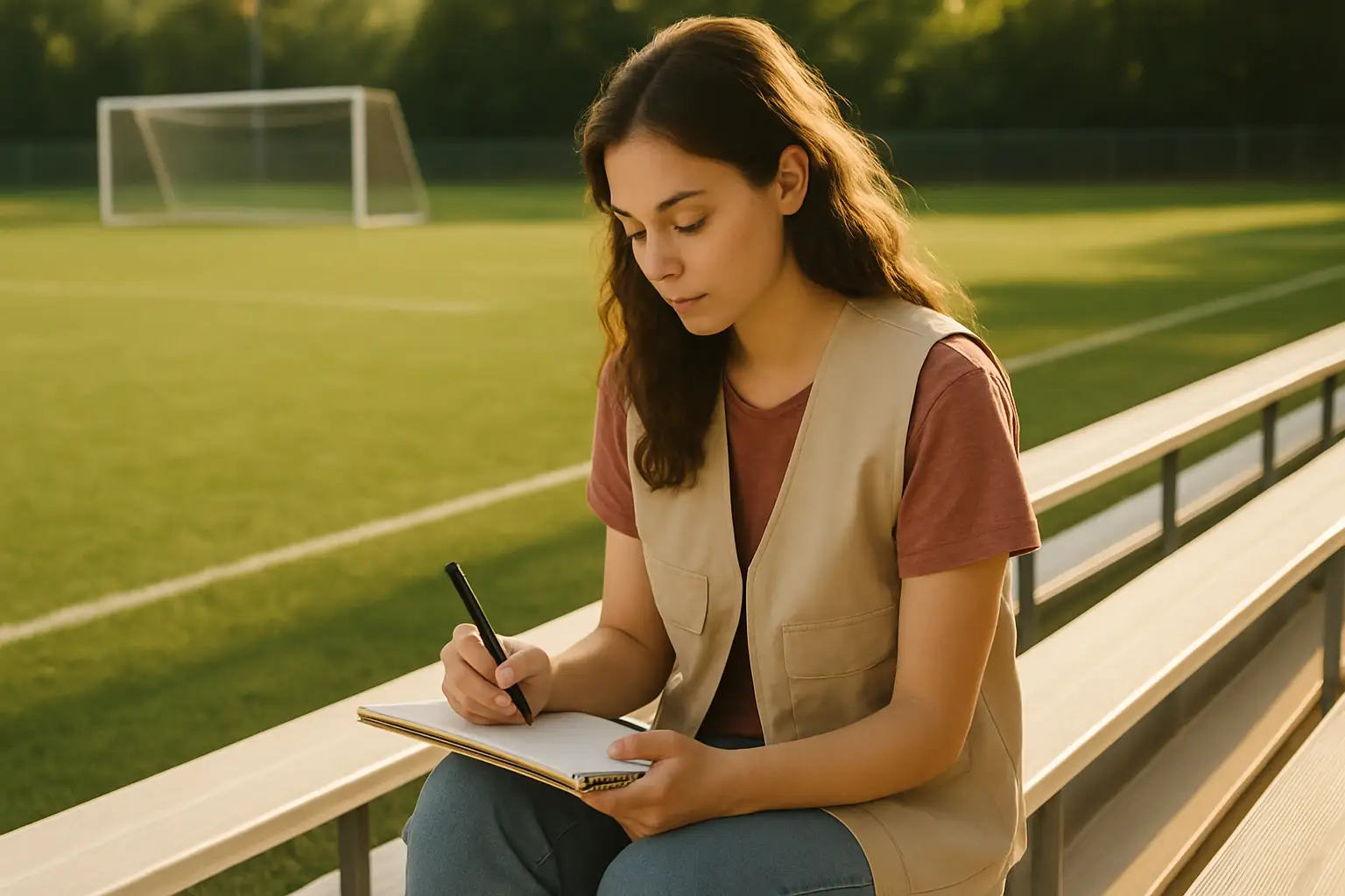 A woman studying soccer rules from a notebook near a green football pitch