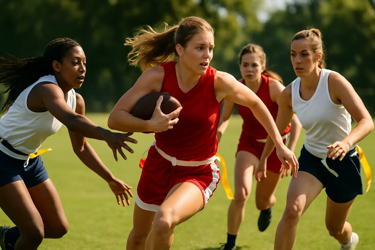 Female college athletes running a flag football play on a green field during a summer practice session