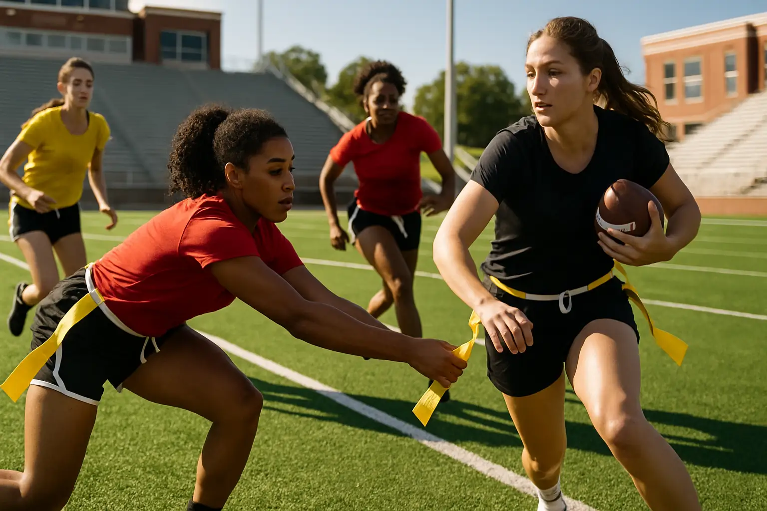 Female athletes competing in a flag football game on a college field