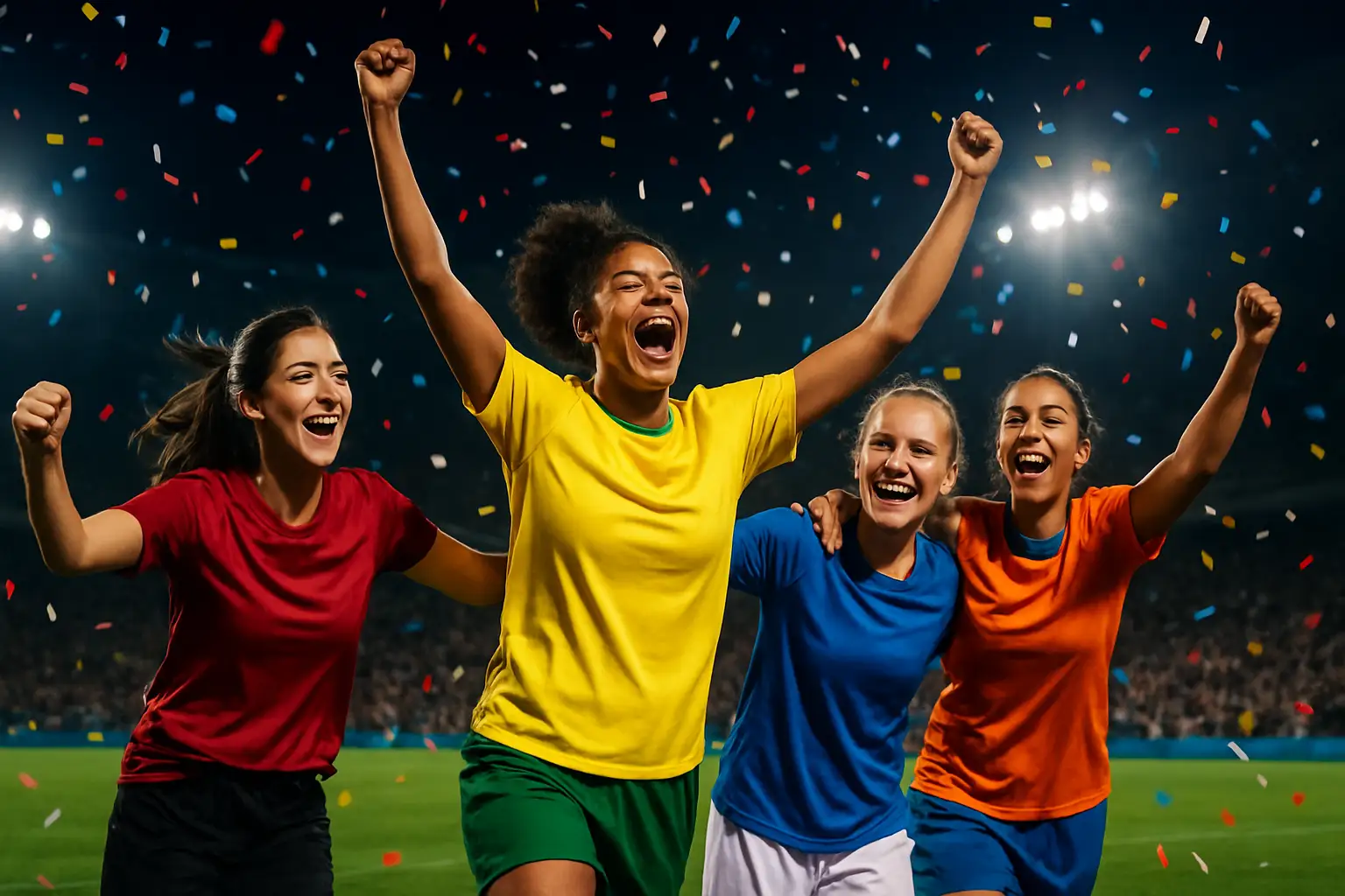 African women's football players celebrating a qualification victory on the pitch