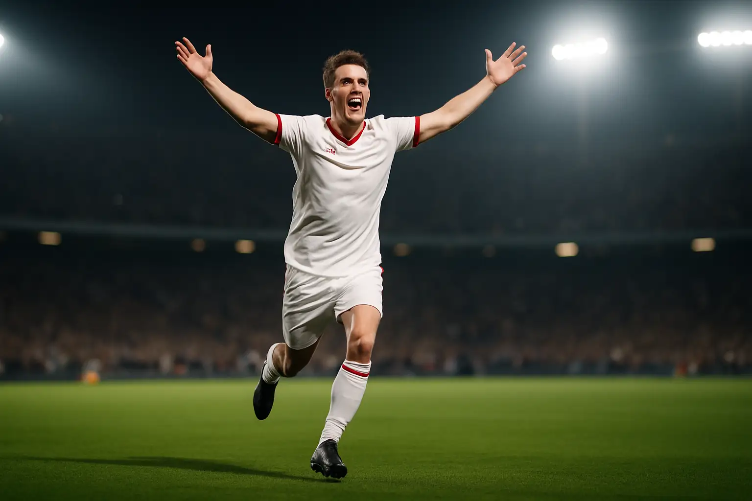 A football striker celebrates a last-minute goal in a packed World Cup stadium