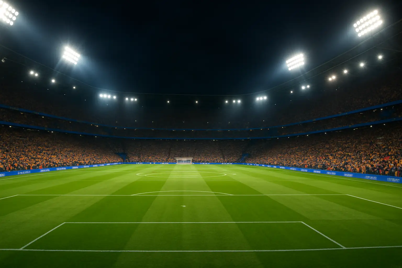 A wide stadium view at night with floodlights illuminating an empty pitch before a major knockout match