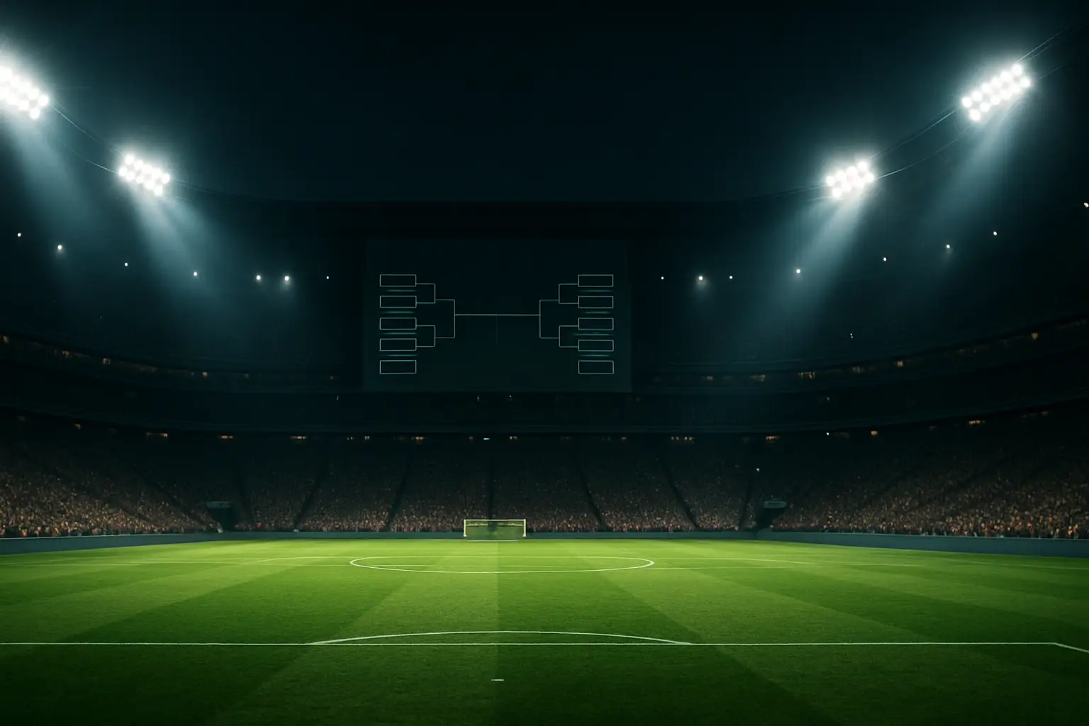 A wide-angle view of a packed football stadium at night with floodlights blazing and a large bracket display on a screen