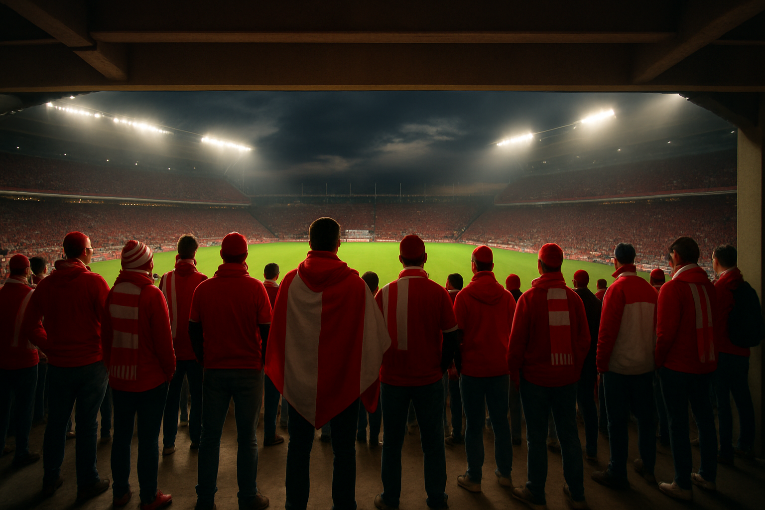 Canadian soccer fans in a stadium with national flags amid a tense atmosphere
