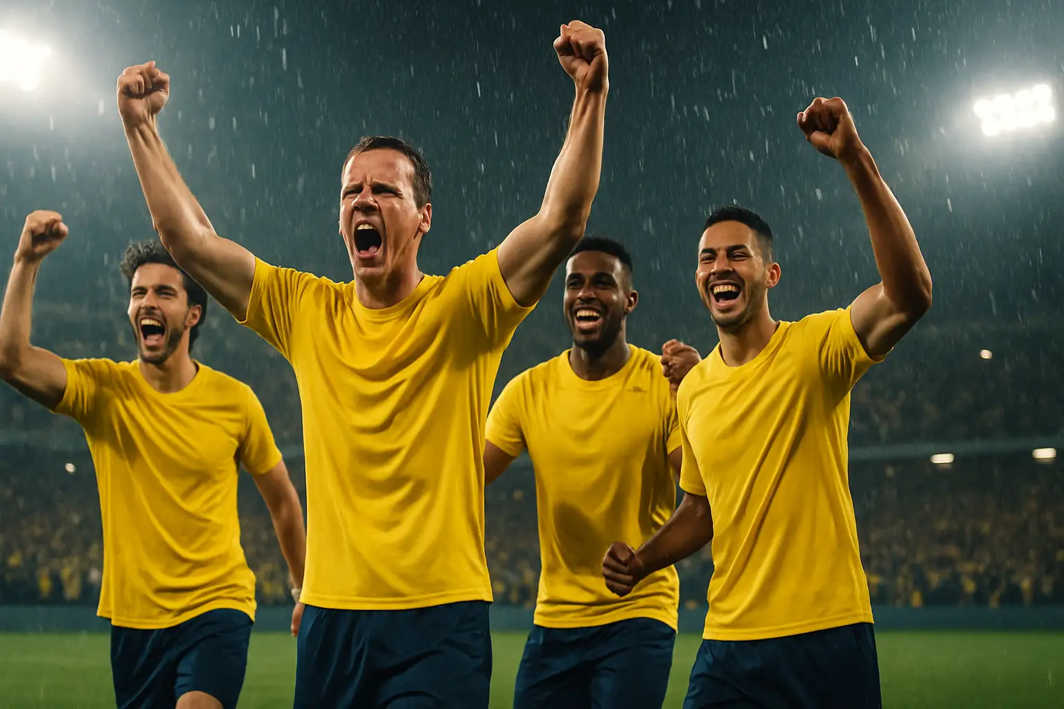 Colombian footballers celebrating a goal during a World Cup 2026 group stage match