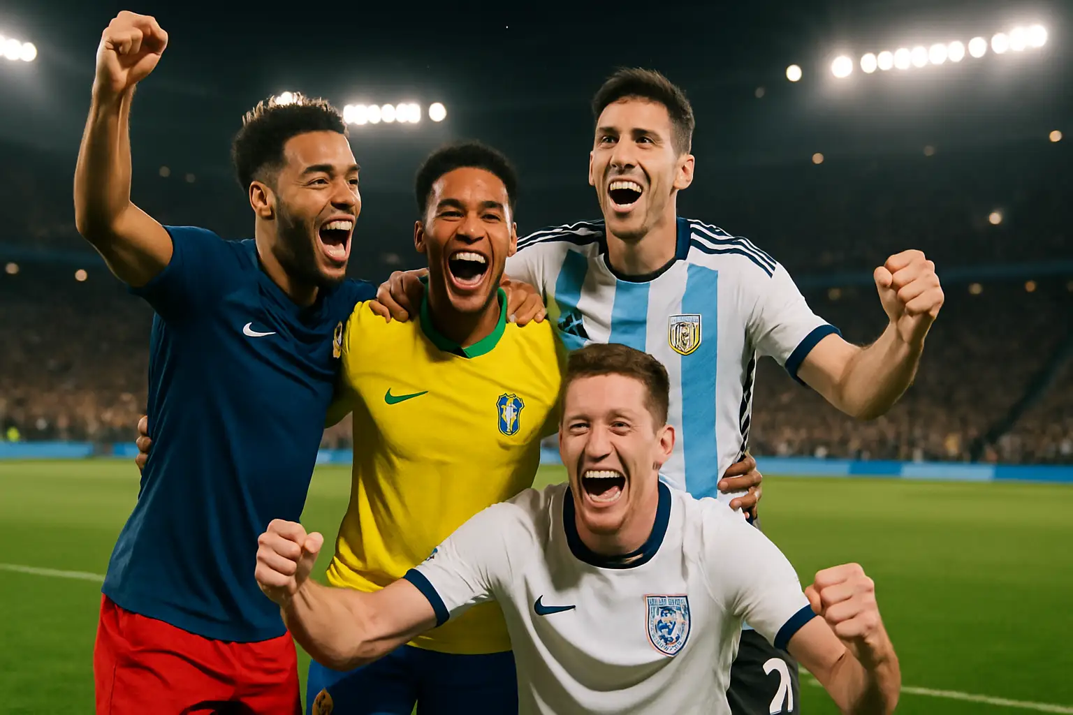 Football players from multiple nations celebrating a goal at a packed World Cup stadium
