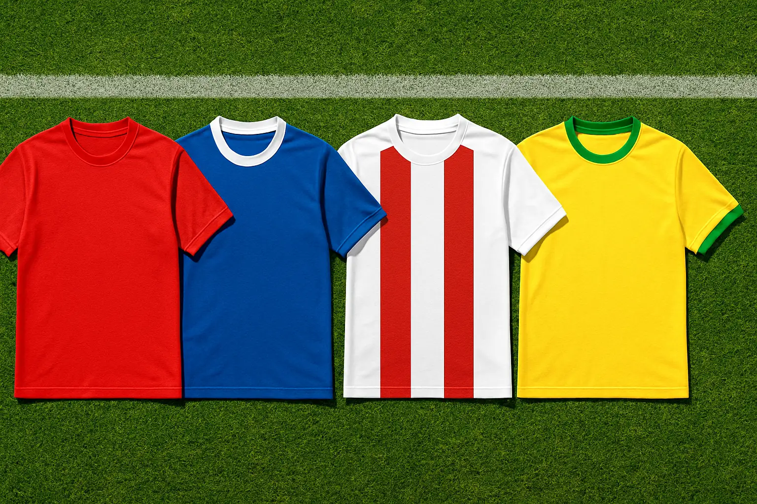 Four international football shirts representing the four nations in World Cup 2026 Group A laid out on a grass pitch