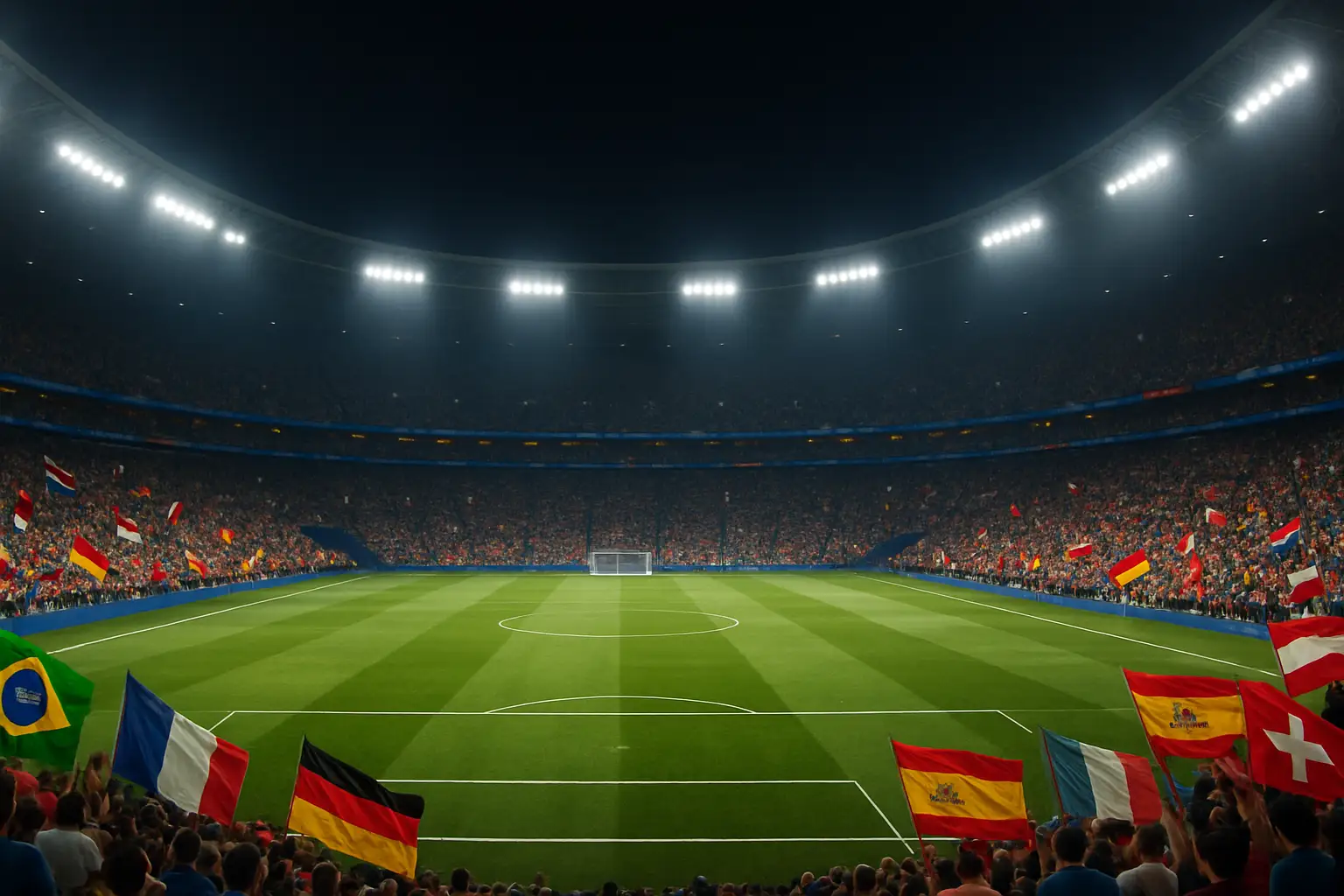 Football players competing on a pitch with a large stadium crowd in the background