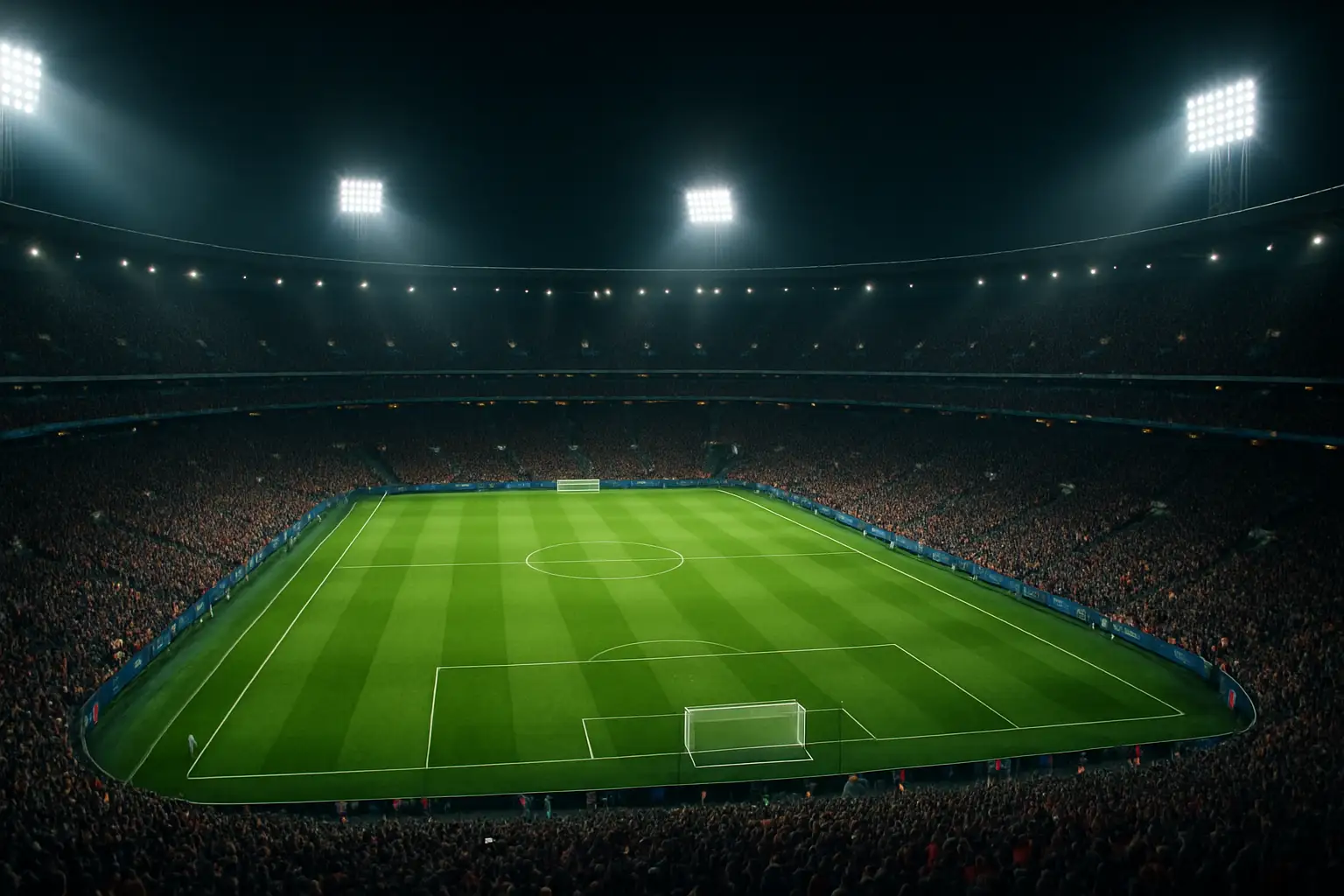 A packed football stadium at night with floodlights illuminating the pitch during a major international tournament match
