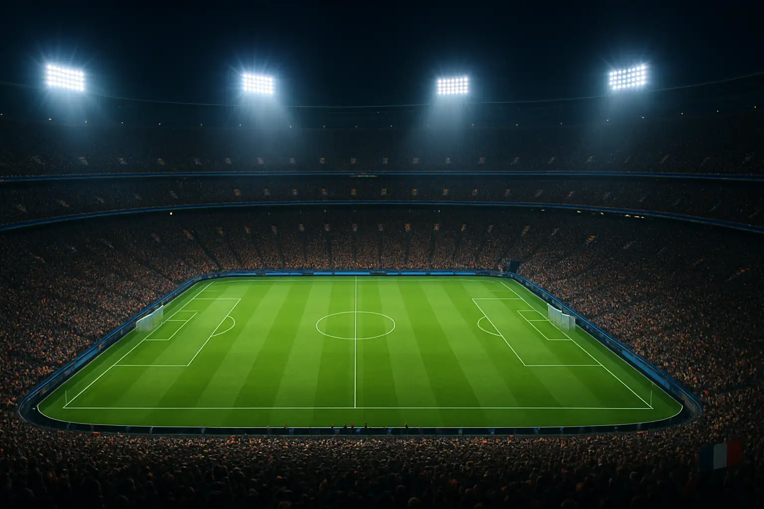 Stadium lights illuminate a large football pitch as fans fill the stands during a World Cup knockout match