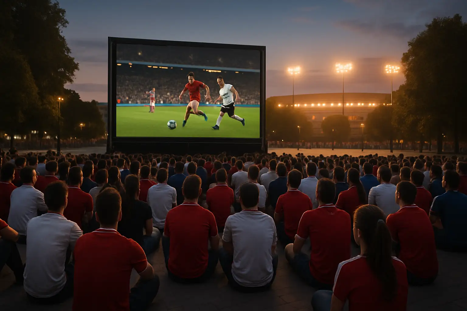 A large outdoor screen showing a live football match with a crowd gathered to watch