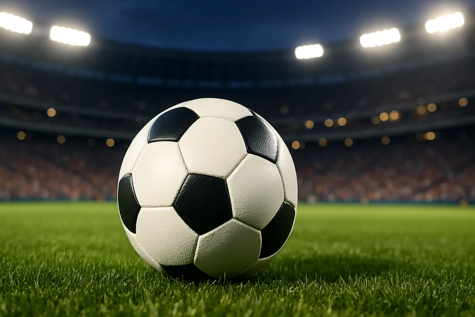 A football on a grass pitch with stadium lights glowing in the background at night