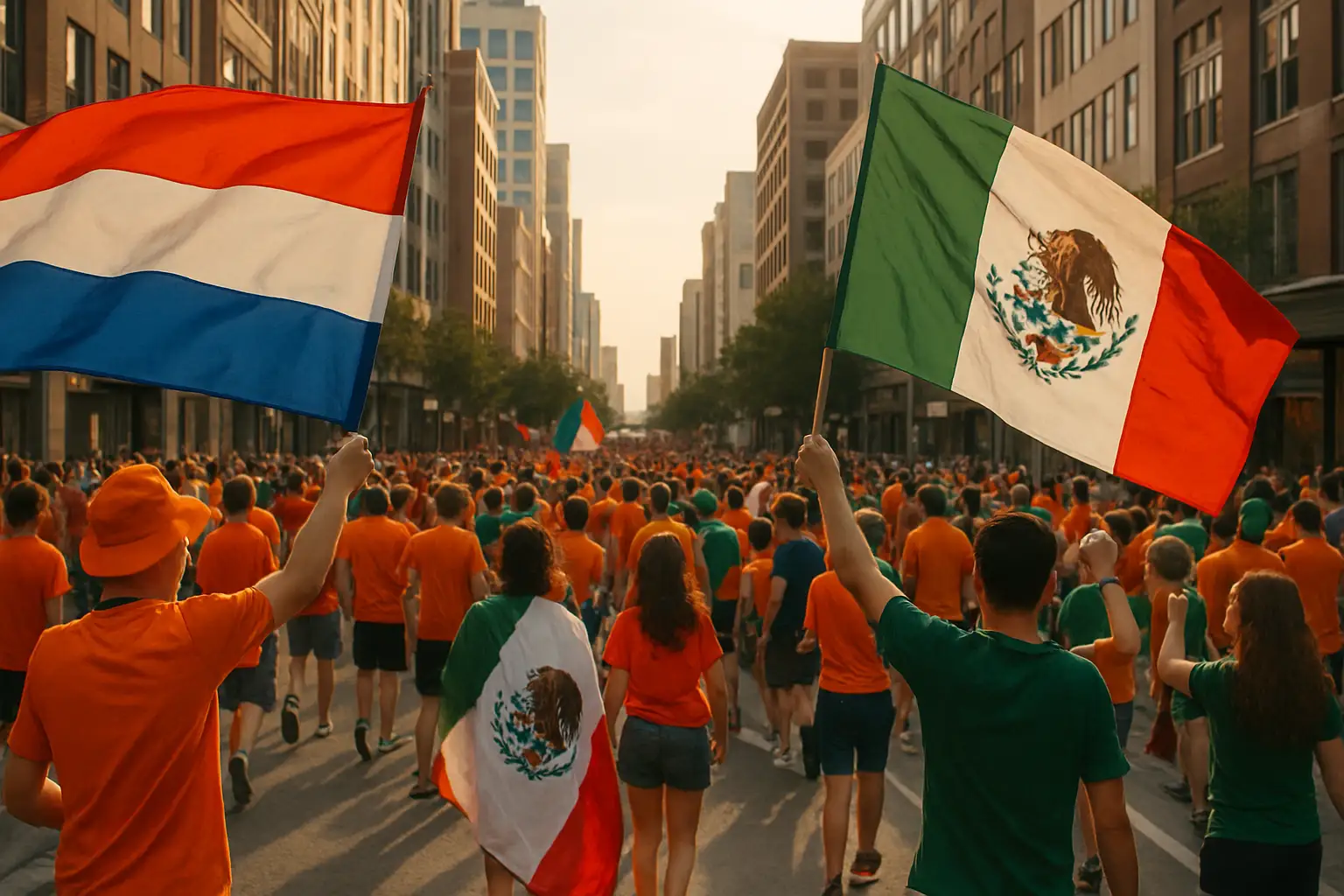 Colorful international soccer fans marching through an American city street waving flags