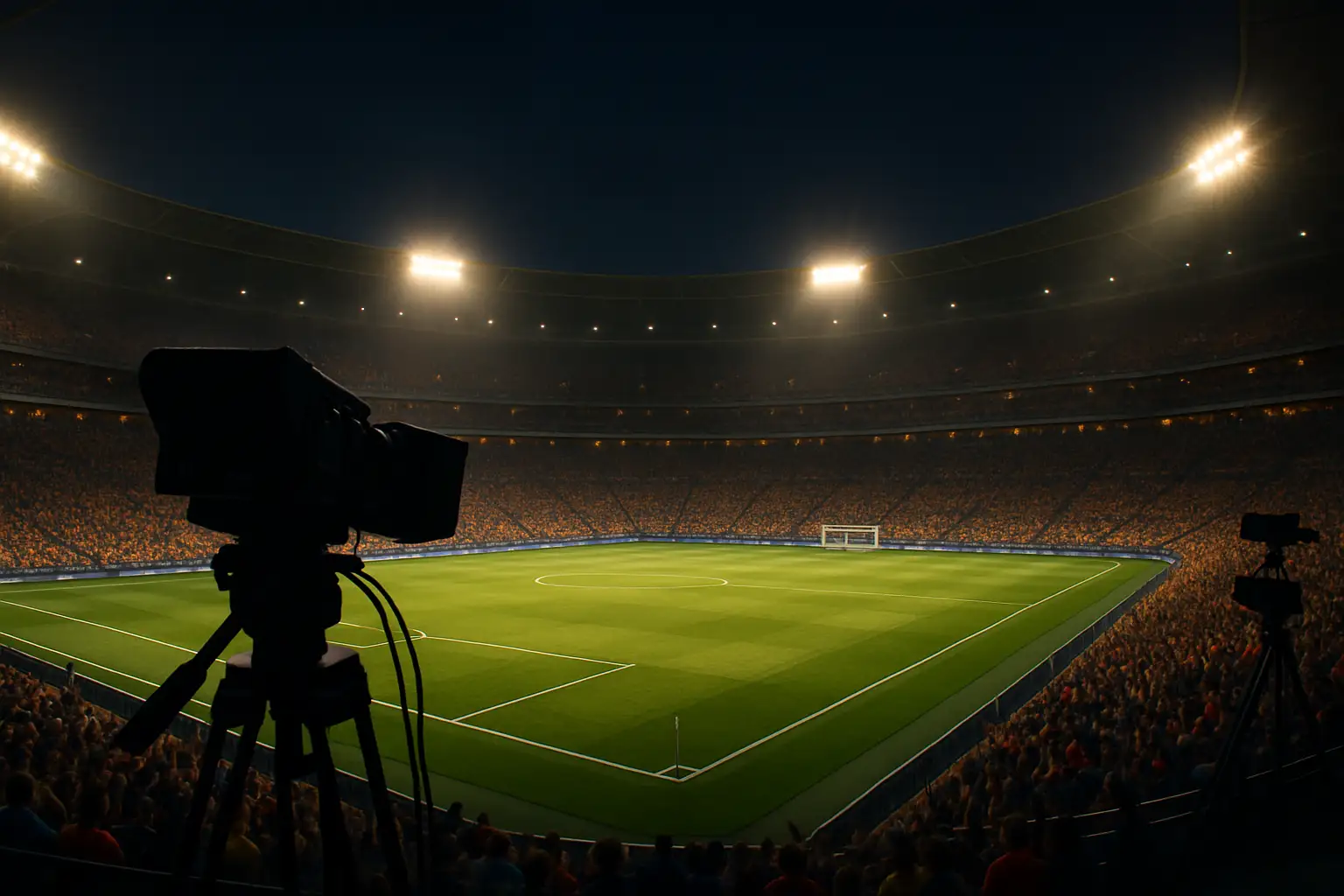 A stadium filled with fans watching a soccer match under bright floodlights