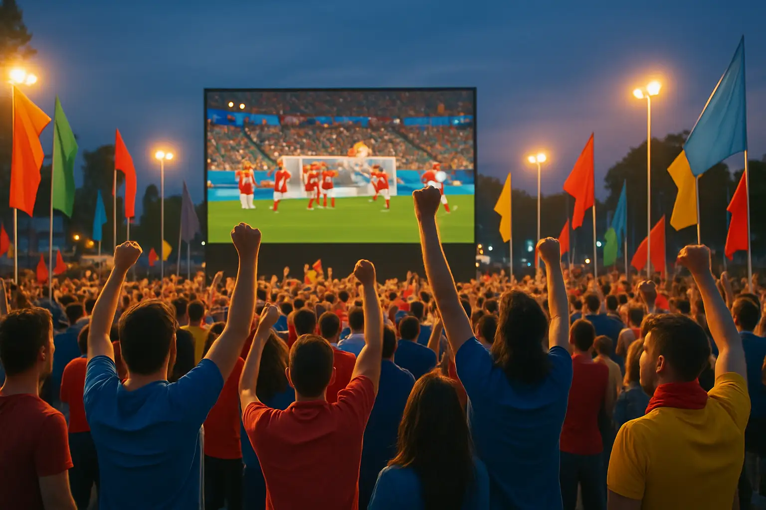 A crowded outdoor fan zone with supporters watching a football match on a large screen, surrounded by generic branded signage